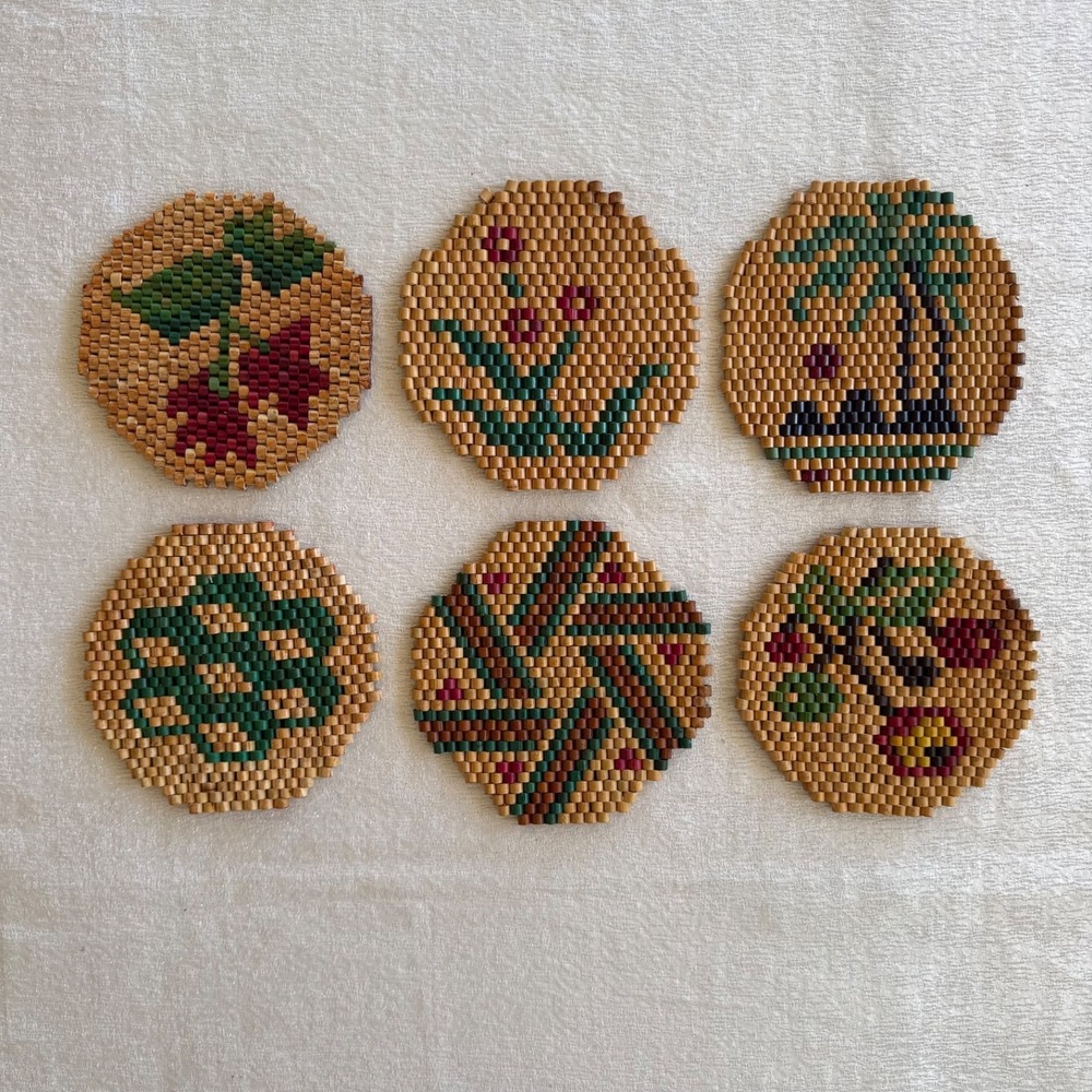 6pc Vintage Bamboo Wood Bead‎ Trivets Set 6 Folk Art Boho MCM Hot Pads Hippie